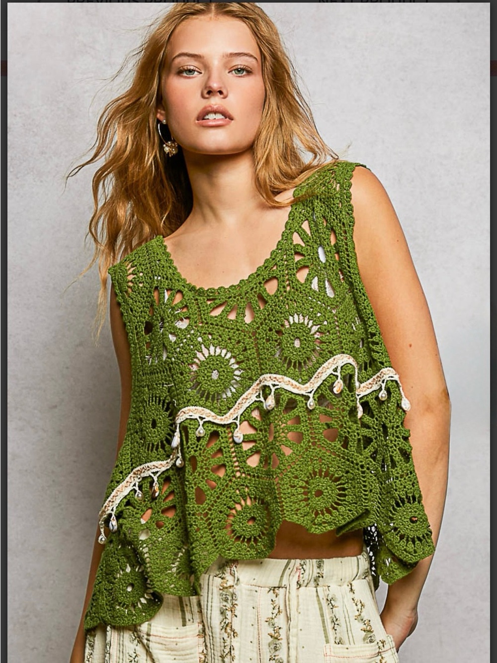 POL Crochet Tank Top in Olive Green